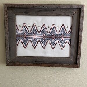 Handstitched Blue and Red Geometric Fiber Art Wall Frame